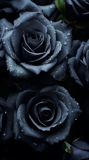 峡谷中一大片带着水露珠的黑玫瑰拥有如丝绒般的黑色花瓣，给人一种高贵而又神秘的感觉。