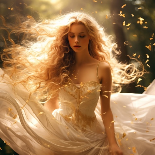 一个世界上最美的女人她有金色的超长超大波浪卷发头发可以绕地球两圈和有森林奇息的白色裙子她手里有一个光名法杖