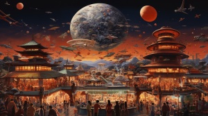 天空晴朗，明亮的宇宙悬浮着一块大陨石上有一个火锅餐厅城，很多人排队进去餐厅吃火锅，空中有一些飞船和飞行器在飞行，仰视角度。