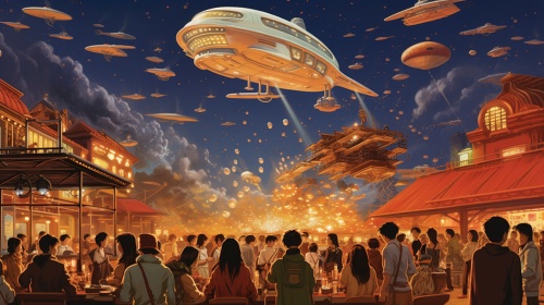 天空晴朗，明亮的宇宙悬浮着一块大陨石上有一个火锅餐厅城，很多人排队进去餐厅吃火锅，空中有一些飞船和飞行器在飞行，仰视角度。