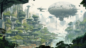 大透视，天空晴朗，一座科幻的重庆火锅城，周围有绿色的植物，空中有一些飞船和飞行器在飞行，