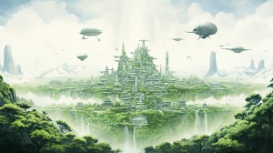 大透视，天空晴朗，一座科幻的重庆火锅城，周围有绿色的植物，空中有一些飞船和飞行器在飞行，