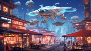 仰视，以重庆火锅餐厅为主题。创作一幅手绘效果的科幻的画，有蓝色底色，有科华城市，有飞行器