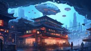 仰视，以重庆火锅餐厅为主题。创作一幅手绘效果的科幻的画，有蓝色底色，有科华城市，有飞行器
