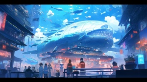 仰视科幻场景，明亮色彩，重庆火锅餐厅手绘画