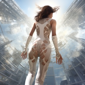 Portrait of a dreamy young woman,full body back view of a woman in a translucid white bodysuit,wet skin, brown hair ,Low angle,back view,glass and shards fly in the air,against ultramodern architecture under daylight, intricate detailing, hyperrealistic, cinematic lighting, ultra fine textures, sci-fi, octane rendering,digital painting