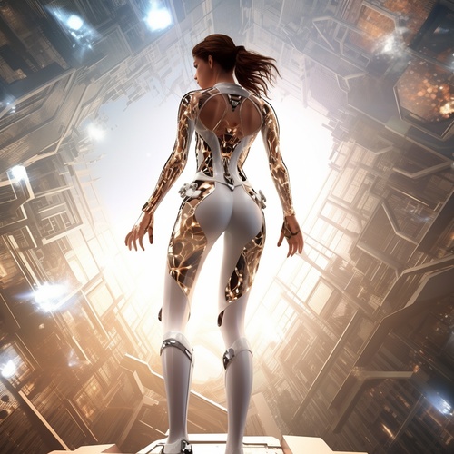 Portrait of a dreamy young woman,full body back view of a woman in a translucid white bodysuit,wet skin, brown hair ,Low angle,back view,glass and shards fly in the air,against ultramodern architecture under daylight, intricate detailing, hyperrealistic, cinematic lighting, ultra fine textures, sci-fi, octane rendering,digital painting