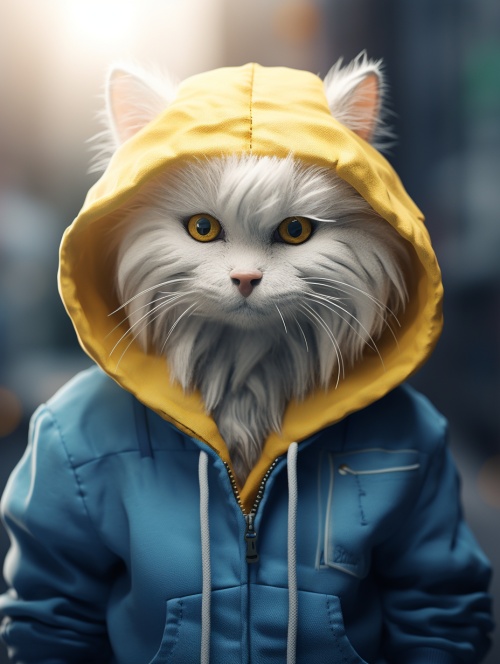 写实照片风格，宠物：黄色猫咪，金色与白色相间的毛发，蓝色眼睛 背景：街道 服饰：蓝色卫衣 姿势：站着，像人一样，在逛街 情绪：眼睛看眯着，很困，表情很不开心