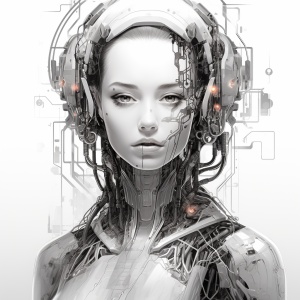 This cyborg identity is a combination of both human and machine elements, the girl at spaceship in space. The cyborg features should be visually striking and futuristic, representing the merging of human and machine. The portrait should be in grayscale, showcasing a range of tones from light to dark. The background should be clean white, allowing the focus to be on the cyborg's features.