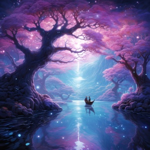 幻想世界中的紫蓝树林与宝石之船上的女孩