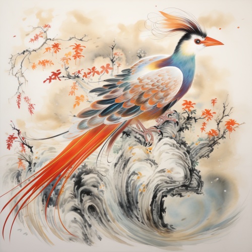 精卫诞生：一只色彩斑斓的神鸟从光芒中飞出，它头顶花纹，白嘴红足，姿态优雅，象征着精卫的诞生和新的开始。