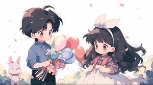 90s anime style, cute little boy and cute little girl are 3 years old. The boy has a round face, big eyes, short black hair, and a cute expression. Next to him is a cute girl who is wearing a pink dress with flowing long hair and bangs. There is a big bow on the clothes. She held tulips in her hand, and in spring, the tulip background was sweet and lovely. Clear design, 16k, with detailed close-up and facial features, Nii5 ar 16:9