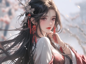 中国古代，一个美丽的女子，黑色长发，穿着中国古代汉服，超高清画质
