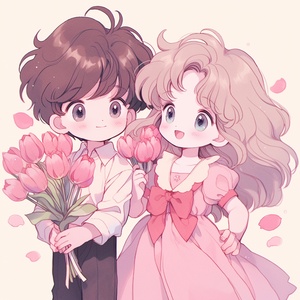 90s anime style, cute little boy and cute little girl are 3 years old. The boy has a round face, big eyes, short black hair, and a cute expression. Next to him is a cute girl who is wearing a pink dress with flowing long hair and bangs. There is a big bow on the clothes. She held tulips in her hand, and in spring, the tulip background was sweet and lovely. Clear design, 16k, with detailed close-up and facial features, Nii5 ar 16:9