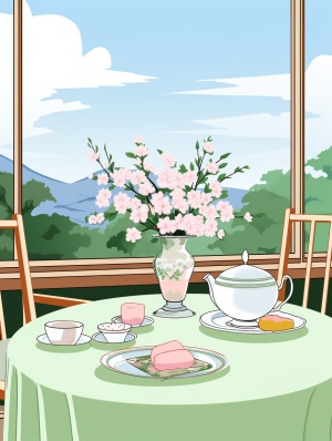 画一张展示室内景色的图片，窗户外是虚化的绿色的山丘，室内窗户上飘逸的白色纱帘斜的半拉开 状，室内有一张淡绿色圆形的木质桌子，桌子上放着两个精致的茶杯，其中一个茶杯里装有茶水。桌上还有几片粉红色的樱花瓣。整个场景给人一种宁静、舒适的感觉。