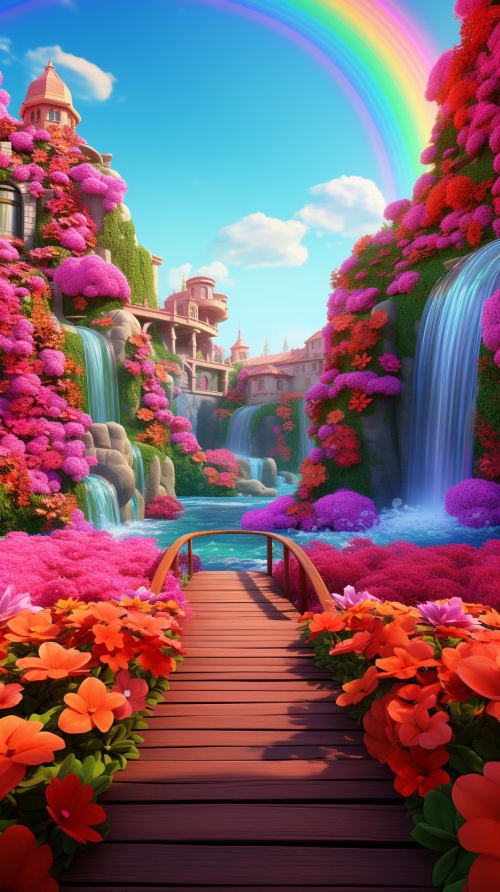3d cartoon, rainbow waterfalls cascading down the side of an old bridge with flower boxes full of flowers in shades of red and pink, vibrant colors, focus on details, center composition, digital art by Pixar studio