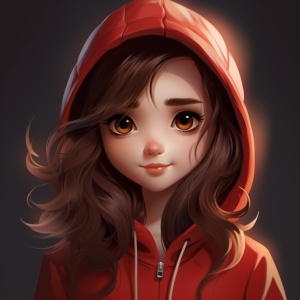 一个棕色头发和大眼睛的可爱女孩，穿着红色连帽衫，采用zbrush的风格，2d游戏艺术风格，具有柔和的边缘和模糊的细节，具有动漫风格的角色设计，卡通人物，浪漫的插图，卡通现实主义风格。