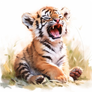 painting of a tiger cub with its mouth open and its mouth wide open, the tiger is smiling, adorable digital painting, watercolor digital painting, digital art animal photo, ((tiger)), digital watercolor painting, high quality digital painting, animal painting, mischievous grin, digital watercolor, very expressive, painterly illustration, very realistic, watercolor painting style