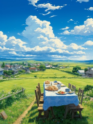 一女孩的日常生活，如回农村老家，吃饭，聚会，美丽的农村街道，宫崎骏的风格，晴朗的天空，蓝天白云