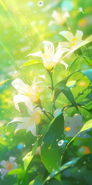 淡淡的格桑花，一三五朵花，透明花瓣，水花飞溅，纯色背景，草绿色，插图，浅色，精细细节，8k-ar 9:16