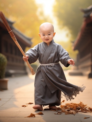 as a baby clothes model in china, the chinese boy is a monk he is bald, wearing a gray monks suit, he is holding a broom in both hands, sweeping leaves on the road temple background noise reduction,full body portrait,hq,wallpaper,game character,super angle exercise pose,dynamic angle,16k,fantasy,perfect art,super clear detail,octane rendering,hd ar v 4 1 –v 4