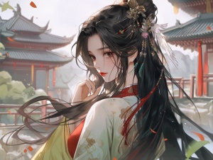 一个美丽的女子，黑色长发马尾，古代妃子发饰，穿着浅色的汉服，华丽的服饰，站着，背景在古代宫殿庭院，园林，中国古风，