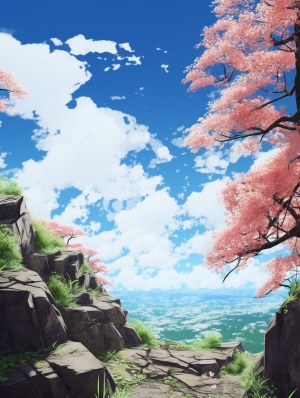 POV right -120 degree - looking down, Anime themed, spring, open sky, top of a cliff, blue sky #548ccc, filled with scattered white & crisp clouds, beautiful red shrine under a dark green Tree Lilac (Syringa Reticulata) on the cliff, strong depth, attention to details, avoid dusty atmosphere, 8k