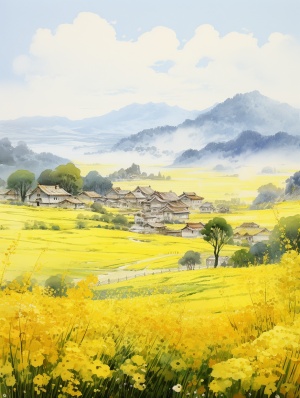 Spring countryside, yellow green grassland, blooming yellow and white small flowers, blue sky, distant mountains, with mills and small houses embellished in the distance, ,Pixar, high detail, 8k