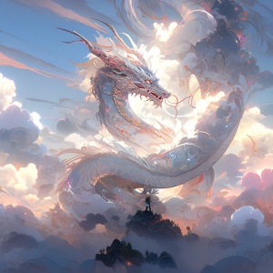 超酷，白色中国龙，在天空中，七彩云，骄傲，下方大地冒出地火，烟雾，随机光影，发光特效，云雾缭绕，完美，高光，明亮多彩的色调，最佳画质，高分辨率，全景