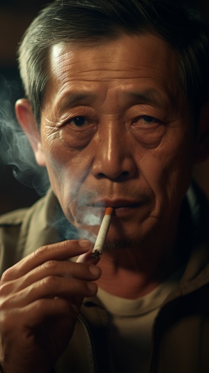 一个中国男子脸部特写，沧桑感十足的抽着烟