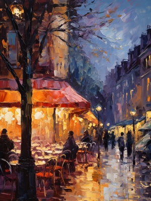 20th-century Parisian street scene at dusk, inspired by the impressionistic style of Claude Monet combined with the vivid color palette of Vincent Van Gogh. The composition should be from a low angle, as if viewed from a seated position at a street cafe, with cobbled streets and vintage street lamps fully in frame. Include pedestrians in period attire, blurred as if captured in motion, to convey a sense of bustling activity. The lighting should mimic the golden hour, with soft, warm hues casting elongated s