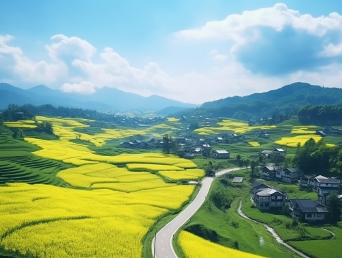 春光明媚，婺源乡间小路，蜿蜒的小路两旁是大片的油菜花田，远处有中国的村庄。高清晰度