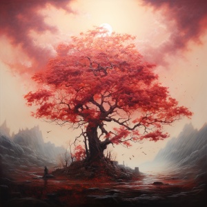 一颗巨大的树在画的一边叶子是红色的叶子太多形成了天空