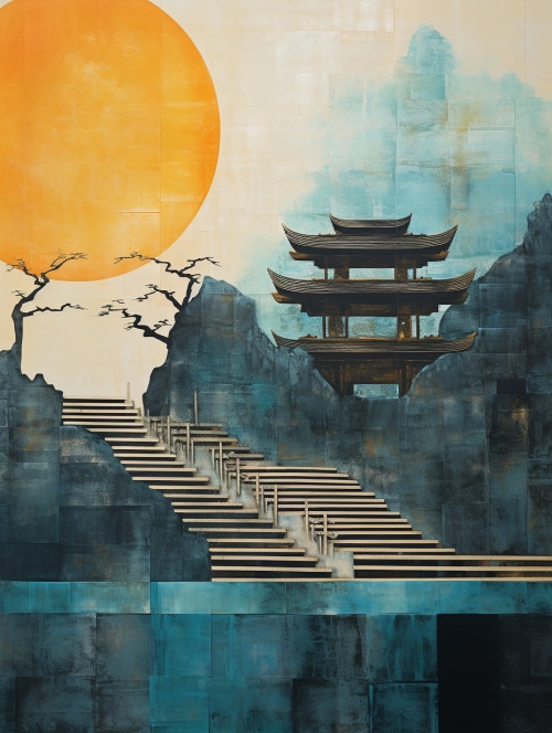 Minimalist structure, Abstract Art Painting painting with the texture of rice paper, Yellow brown and turquoise blue, Stone Mountain of Blocks, There is a royal temple on the distant mountain, Chinese garden landscape, Palace maid picture, Welcome pine, palace corridor
