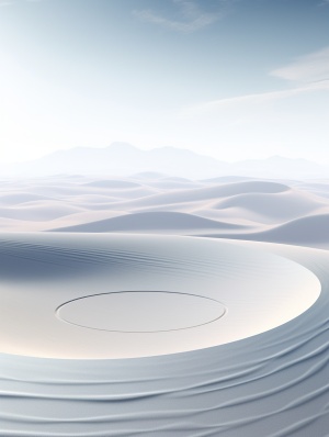 Circle on waves, white and light silver, futuristic landscape, ethereal minimalism,translucent geometric shapes, soft focus lens, rim light, desert waves, ultra high definition image