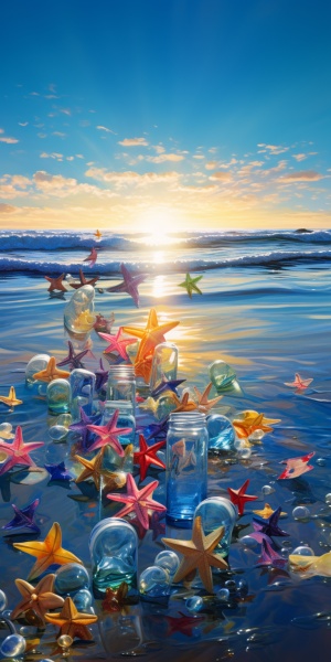 大海，海面上好多漂亮的漂流瓶，五颜六色的许愿星，海风，沙滩，春暖花开