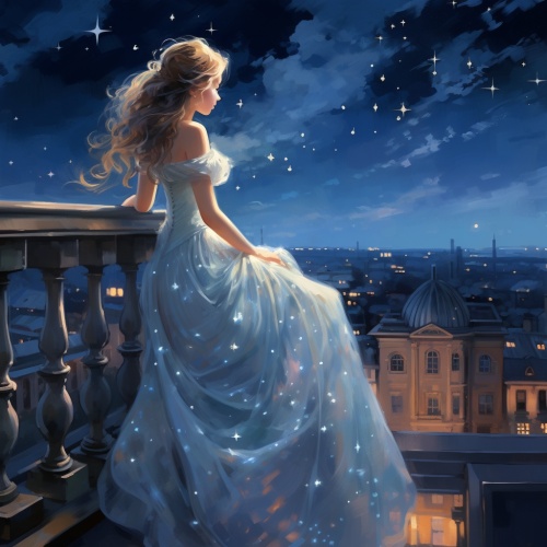 女孩立在宽敞明亮的阳台上，她的长卷发随着微风轻轻摆动，眼神专注地仰望着夜空中璀璨的星星。她的眼睛闪耀着温柔和憧憬的光芒，脸上微微洋溢着微笑，仿佛她与星星之间有着某种特别的联系。她身着一袭淡蓝色的连衣裙，身姿修长而优雅，阳台上放置的一张舒适的藤椅衬托出她的娇美身影。微弱的灯光映照在她的脸上，清晰勾勒出她亮丽的轮廓。整个画面充满了宁静和神秘感，仿佛时间在这一刻凝固，让人沉浸在宇宙的浩瀚中。