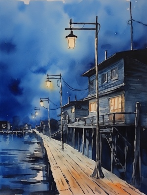 海边码头栈道，夜晚，两侧路灯，color of Lalaland,watercolor picture，克莱因蓝