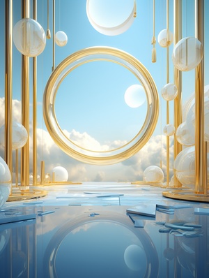 Gold tone, C4D, minimalist stagedesign, soft and dreamy depiction, atmospheric tranquility, linear illustrations, light blue and white outdoor rendering, XGIMI,BenQ, Sony, clear details, realism, rendering, Nikon, C4D,3Dmax, redshift rendering, corona rendering, performance