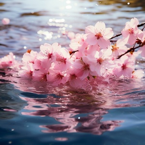 浪漫樱水之美 , 粉嫩的樱花飘落水面，泛起涟漪，如梦如幻 ar 9:16