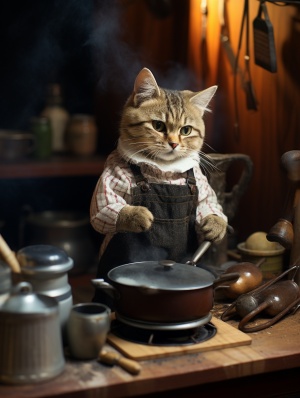 可爱的猫咪正在炊烟缭绕的厨房里，娴熟地操纵着炉灶。它用温柔的爪子轻轻拨动着炉具，精准地控制火候。一小碗新鲜鱼肉被它轻松地切成细丝，猫咪似乎对自己独特的手艺感到极为满意。优雅的猫尾巴随着它的动作轻轻摇摆，调皮的爪子不时在面饼上留下小巧的痕迹。空气中飘荡着浓郁的食欲香气，仿佛预示着绝妙的佳肴即将问世。