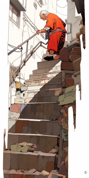 in style of Charles Schultz，传统漫画，简笔画，爬楼梯的老人，高分辨率 ，全身视角