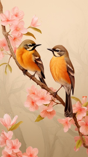 A sweet couple of orioles,blooming plum blossoms and floating auspicious clouds,traditional gossamer texture of silk,bright colors over a light beige warm tone,crafted in 8k resolution,suitable for astunning wallpaper