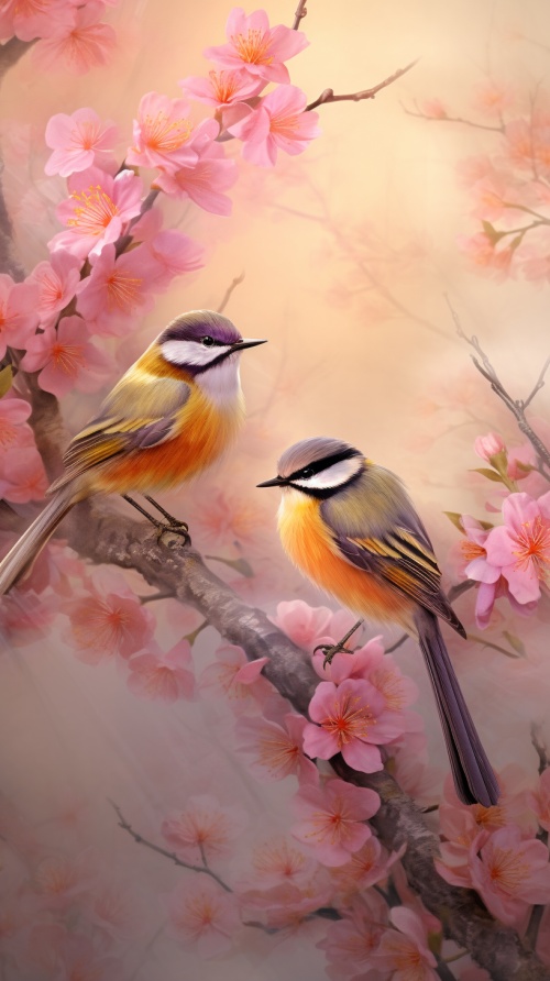 A sweet couple of orioles,blooming plum blossoms and floating auspicious clouds,traditional gossamer texture of silk,bright colors over a light beige warm tone,crafted in 8k resolution,suitable for astunning wallpaper