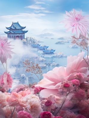 东方美景|梦回·牡丹亭粉色与青色的碰撞，就像是天空与花朵的浪漫邂逅，既有着冷静的理性，又不失温暖的情感，讲述着一个关于梦幻与现实、宁静与活力的故事。画面让我想到了汤显祖笔下的《牡丹亭》，粉色代表着杜丽娘的柔情与渴望，蓝色象征着柳梦梅的坚贞与理想。这两种色彩的交织，如同他们的爱情，既有着温柔的甜蜜，也有着坚定的承诺。部分咒语：拼贴，节日，喜庆，树木，宫殿，河流，粉红色，青花瓷，中式构图#搞的就是艺术 #画画的日常 #奇域ai #奇域春色入画#ai绘画 #数字艺术 #AIGC#简约 #桃红柳绿#国风 #传统文化 #新中式#国潮插画 #东方美学 #中式美学#艺术 #设计灵感 #审美 #设计素材 #文创#治愈系风景