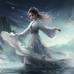 A Chinese woman in white Hanfu stands on the water, with mountains and rivers behind her. She is dressed in gorgeous robes that flow like ripples of waves under them. Her hair is coiled up high, and she wears an elegant crown on top of it. The background features dark clouds, creating a mysterious atmosphere. This artwork has been created in the style of Guo Zhen for use as cover art, in the style of Chinese painting.