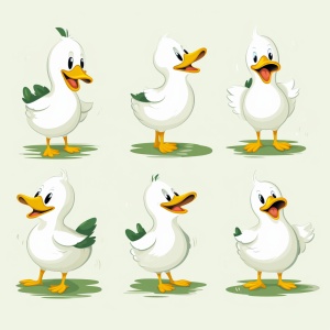 Duck, full body picture, white background, simple graphic features, simple and cute movements, four cute postures and expressions of laughter, anger, silence, sadness, different emotions, multiple postures and expressions, illustrations, flat colors, simple Ine 20 palining. popularart staion,dietalart, piel atle cartoon, lnes