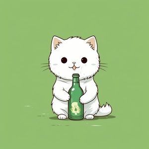 cute white cat with a bottle standing on a greenbackground, in the style of minimalist pendrawings, animated gifs, oshare kei, trashcore,useof fabric, bone, charming anime characters