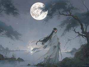 月色下，头戴银色发冠，身穿白色薄纱黑色长发仙女，站在柳树边，隔湖遥望月亮，人物占图比例四分之一，中国古典美女，有仙气