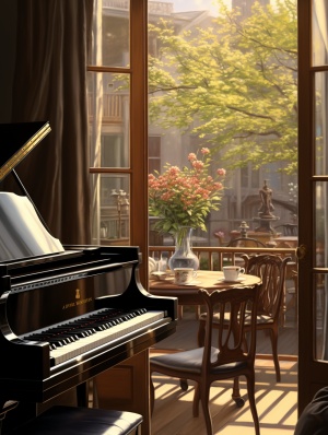 近景画面：在一家高档的咖啡厅室内，一张桌上放着一杯已经冷却的咖啡，桌子旁边有一架钢琴。远景画面：透过咖啡厅的窗户可以看到室外是春天的景象，远处有一男子已经走远的背景。整个画面远近层次分明。